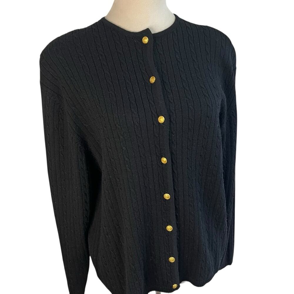 Vintage Liz Claiborne Black Cable Knit Gold Tone Button Cardigan 100% Merino | L